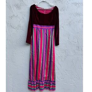 Vintage Handmade 70s Velvet Maxi Dress Vibrant Boho Striped Boho Ruffle Hem
